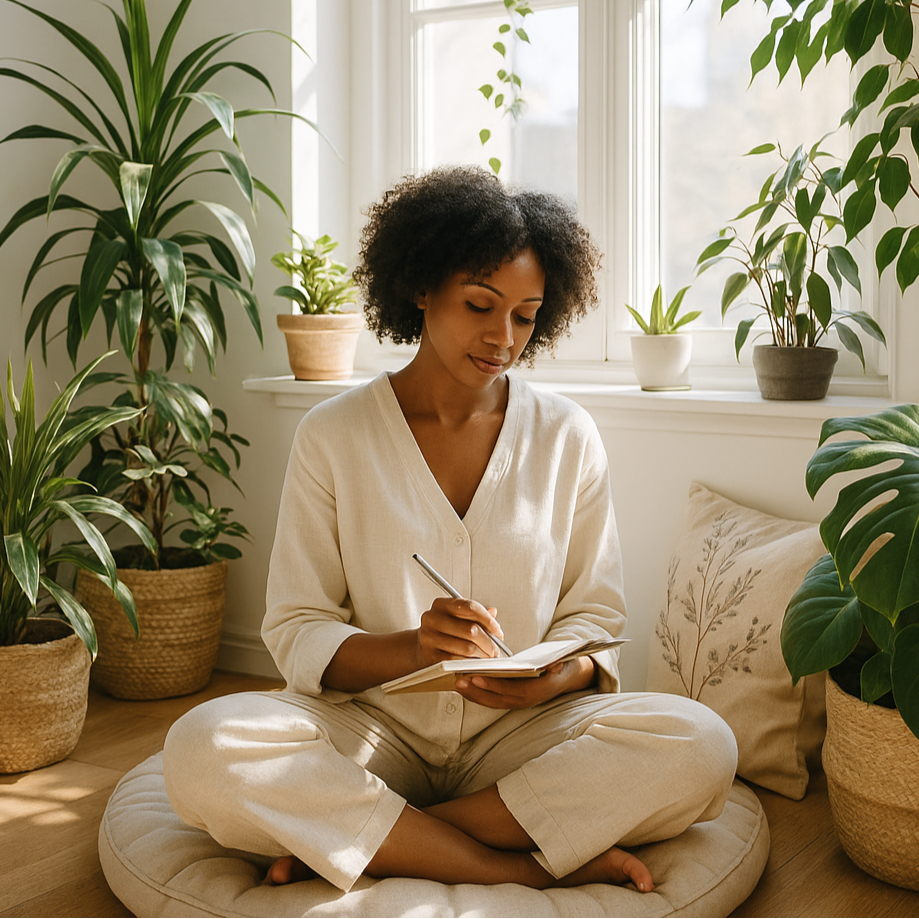 Woman sitting on a cushion in a room with plants, writing in a notebook.